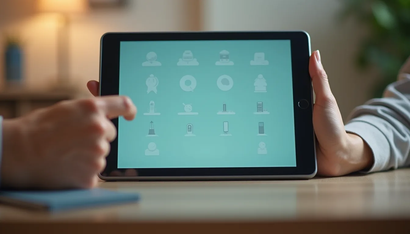 Eye-level view of a senior-friendly tablet with large icons on the screen