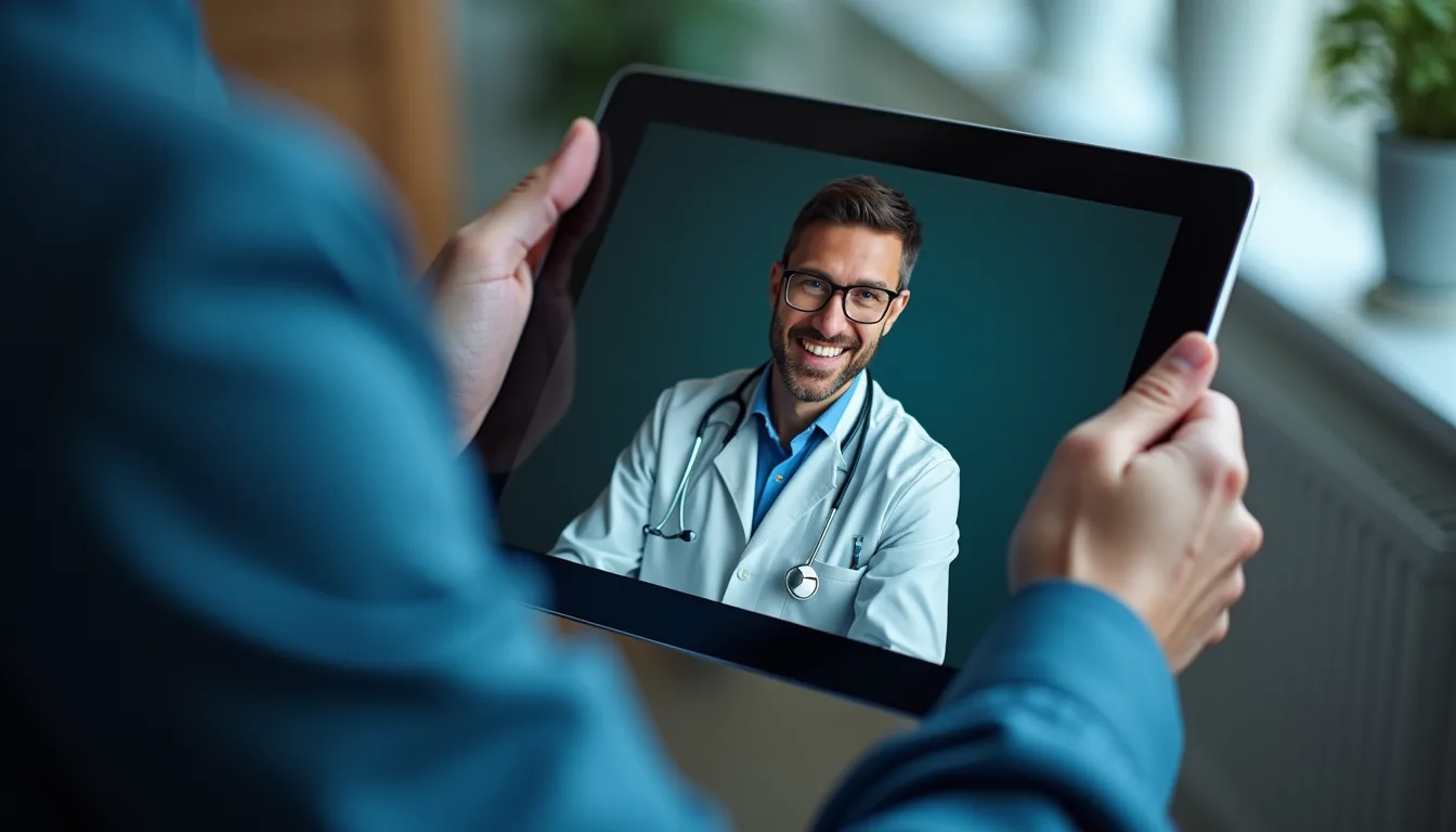 Close-up view of a tablet displaying a video call with a technician