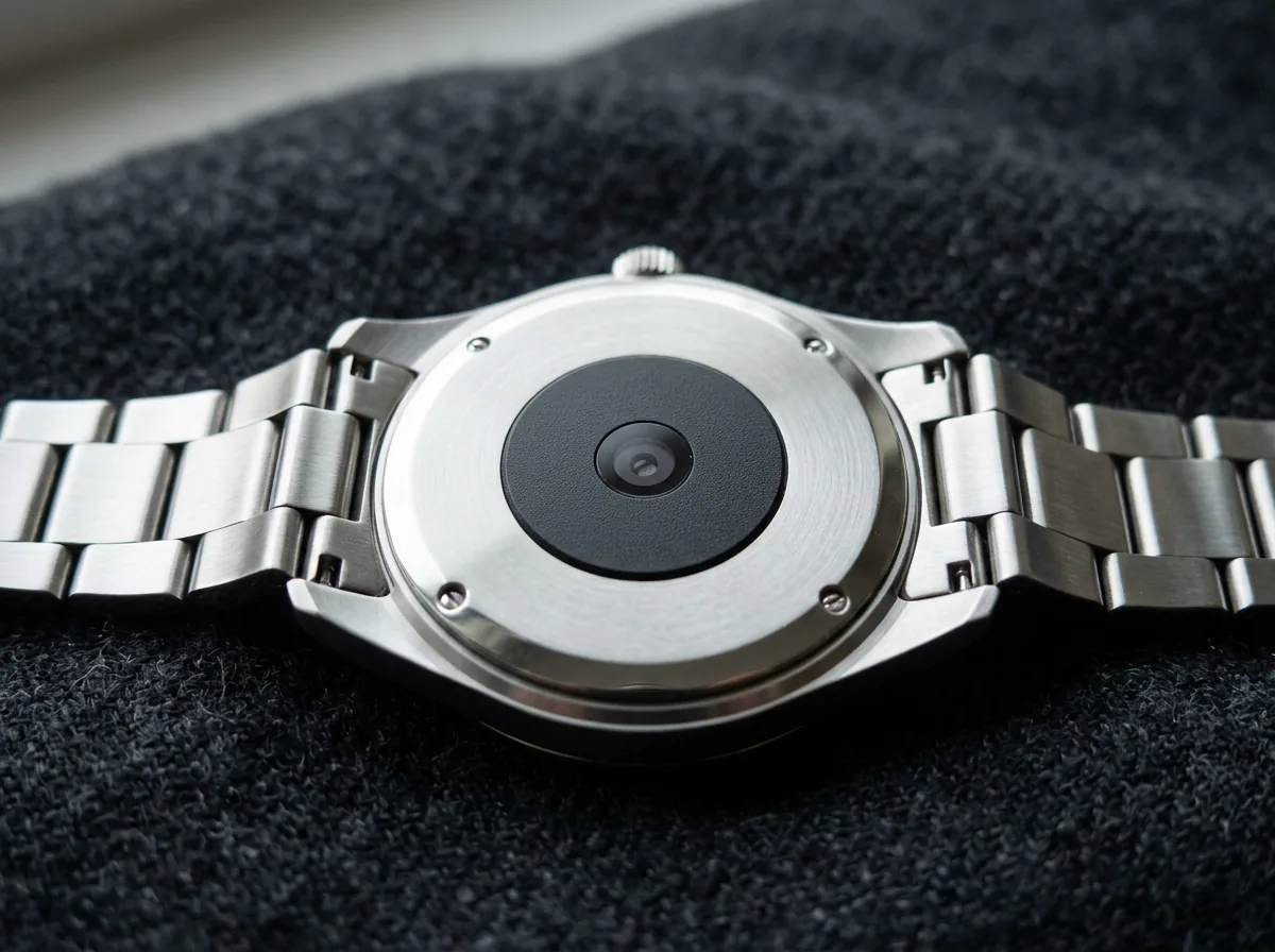 Close-up of a classic wristwatch with a thin sensor attached to the case back