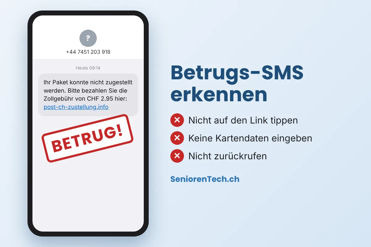 Handy mit einer gefälschten Paket-SMS und dem Stempel Betrug